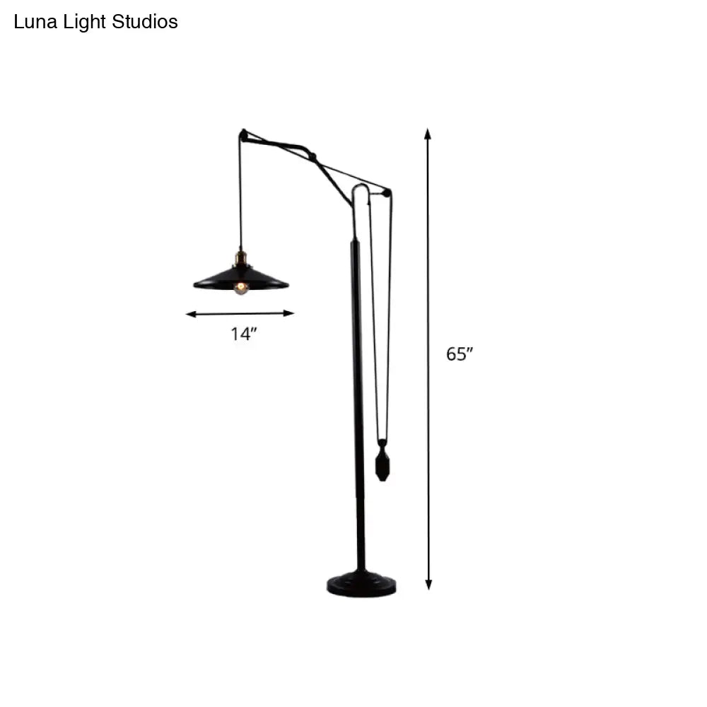 Industrial Flared Shade Metal Floor Lamp - Rotatable 1 Light Standing In Black For Living Room