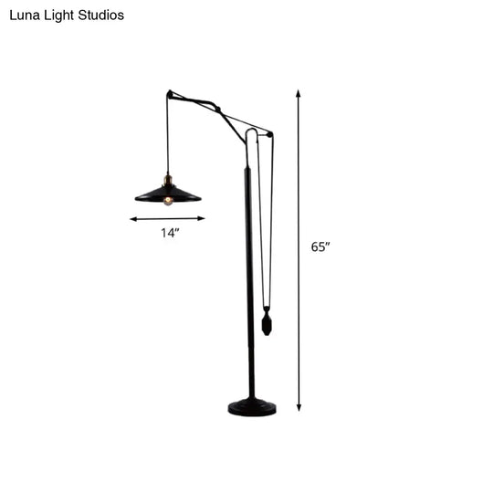 Industrial Flared Shade Metal Floor Lamp - Rotatable 1 Light Standing In Black For Living Room