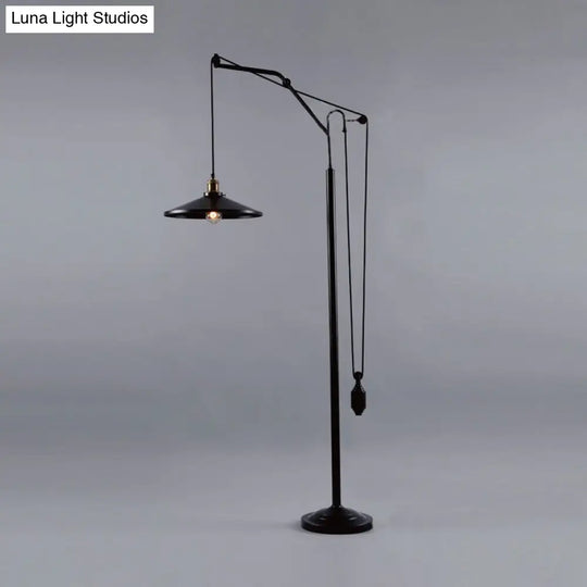 Industrial Flared Shade Metal Floor Lamp - Rotatable 1 Light Standing In Black For Living Room