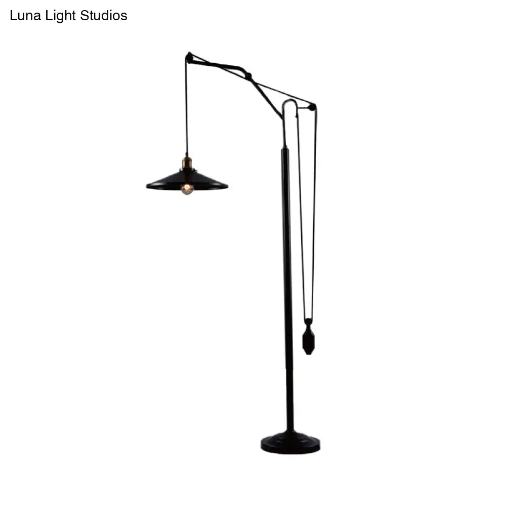 Industrial Flared Shade Metal Floor Lamp - Rotatable 1 Light Standing In Black For Living Room