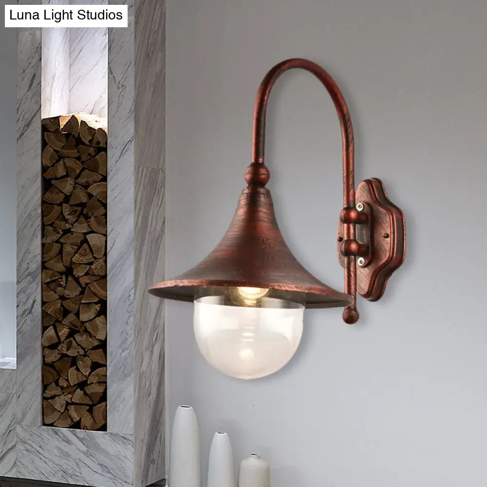 Industrial Flared Shade Metal Wall Lamp With Clear Glass Black/Rust Finish