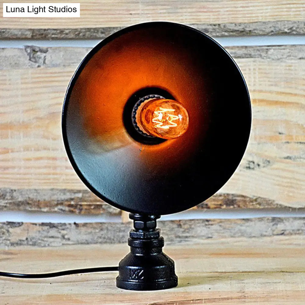 Industrial Flared Shade Night Lamp With Decorative Red Valve - Black Iron Table Light