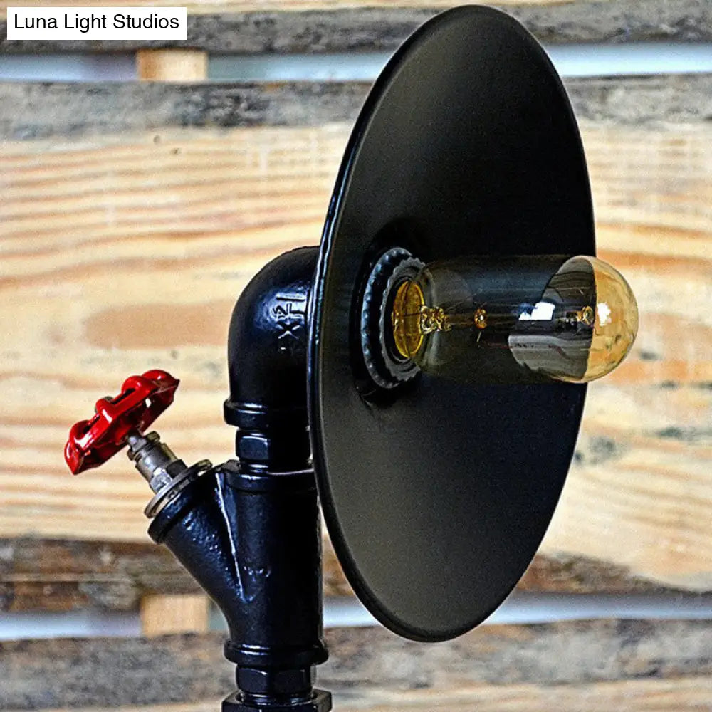 Industrial Flared Shade Night Lamp With Decorative Red Valve - Black Iron Table Light