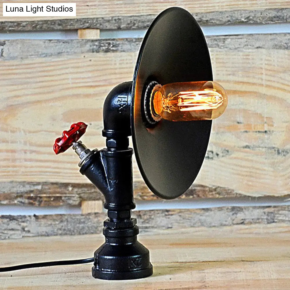 Industrial Flared Shade Night Lamp With Decorative Red Valve - Black Iron Table Light