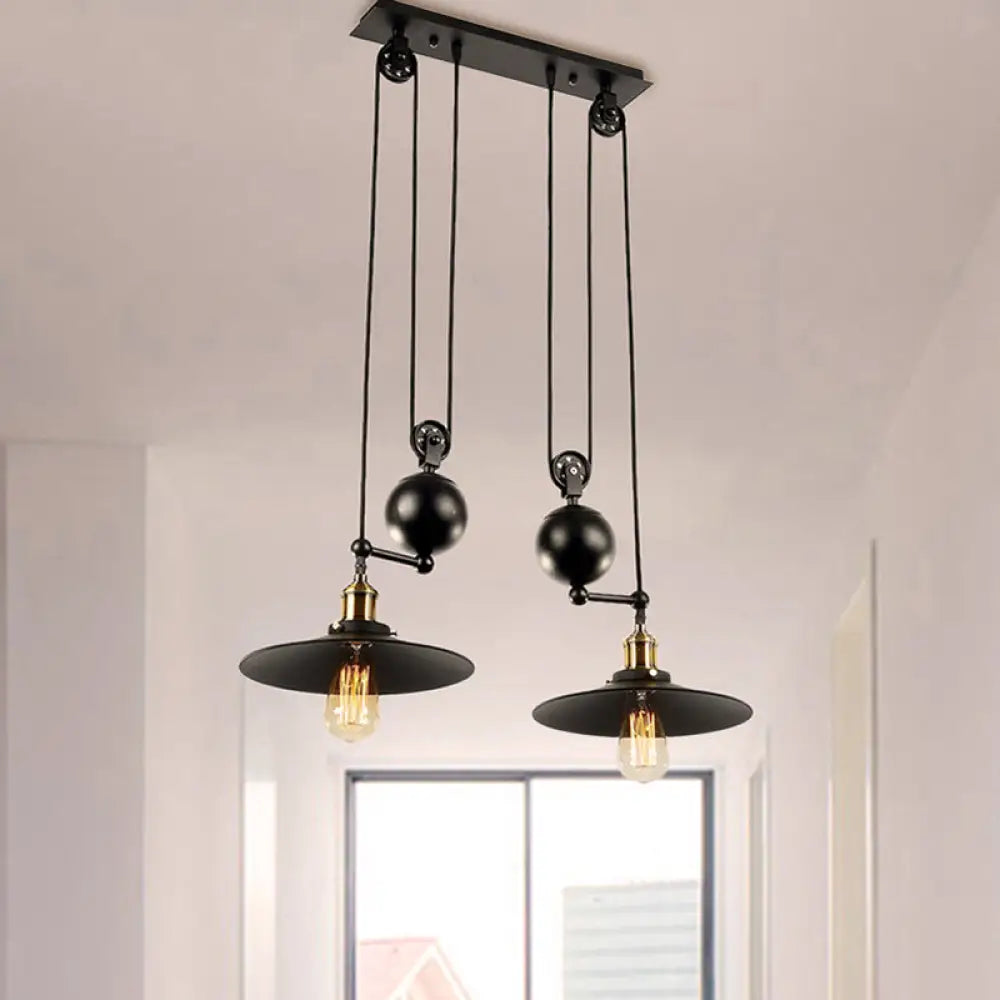 Industrial Flared Shade Pendant Lighting With Pulley - 2 Lights Black