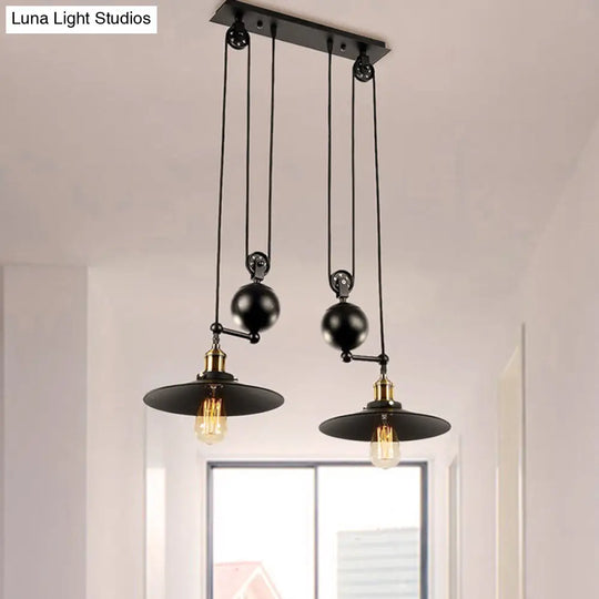 Industrial Metal Pendant Lighting With Flared Shade - 2 Lights Pulley And Black Finish