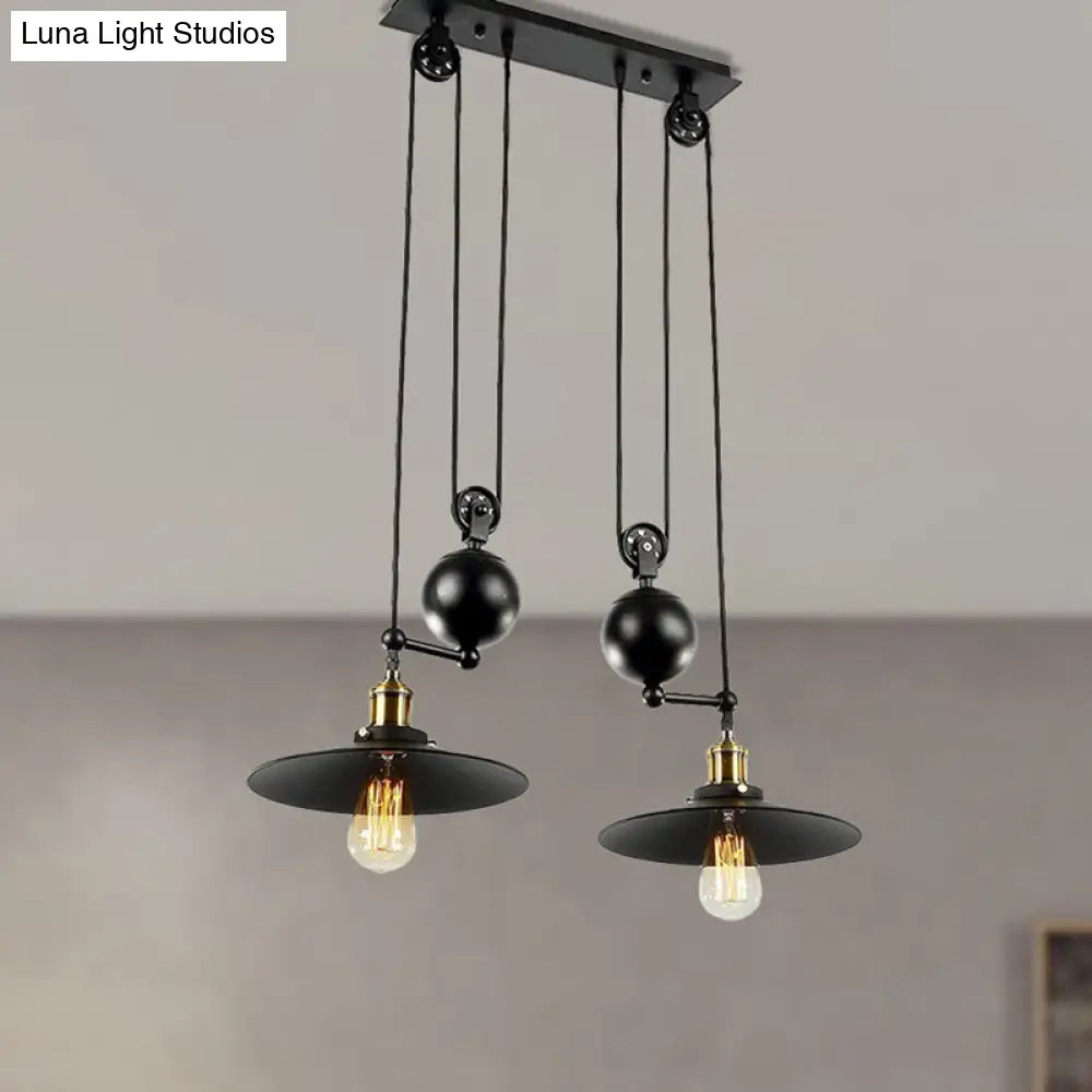 Industrial Metal Pendant Lighting With Flared Shade - 2 Lights Pulley And Black Finish