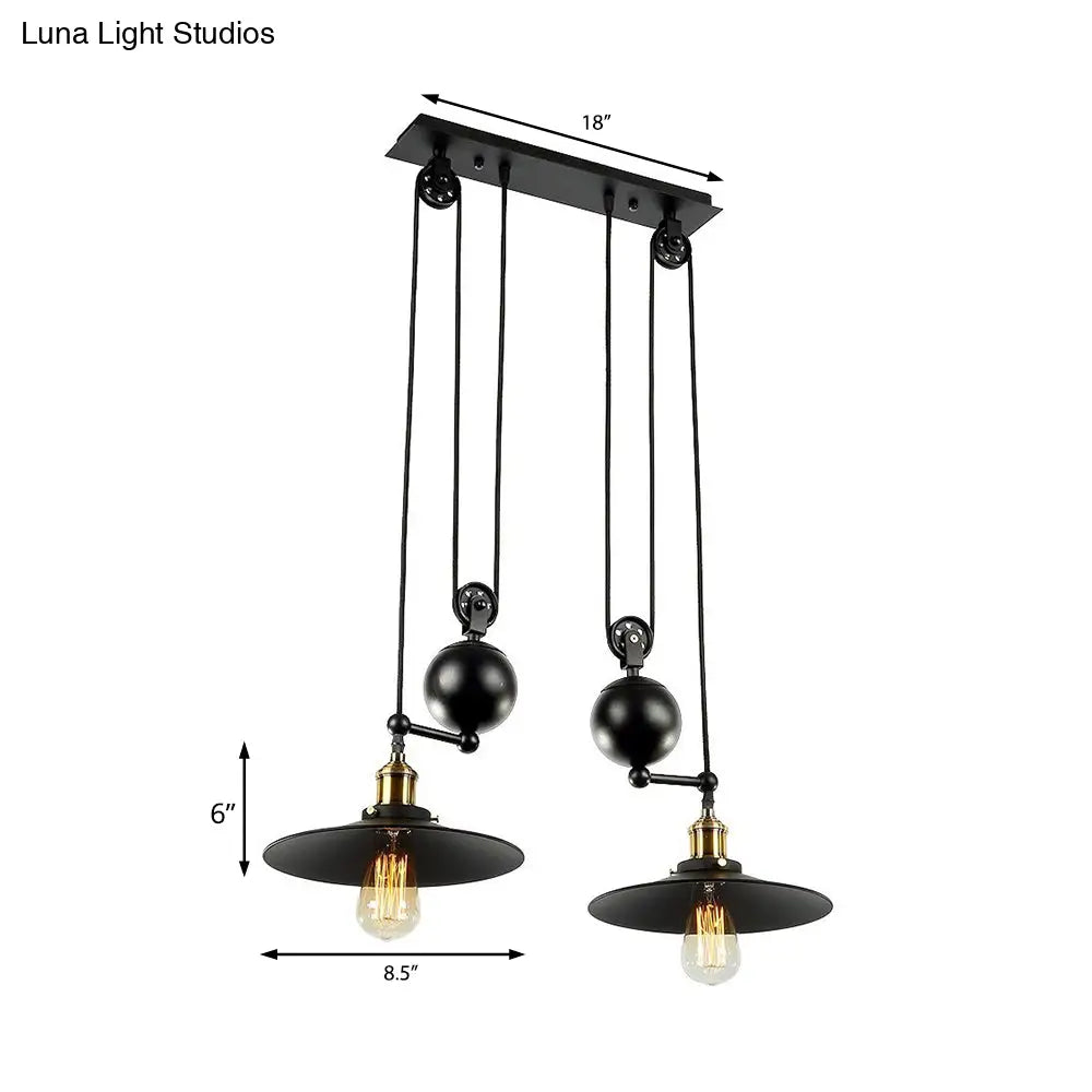 Industrial Flared Shade Pendant Lighting With Pulley - 2 Lights Black