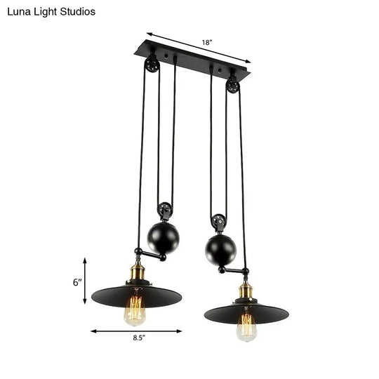 Industrial Metal Pendant Lighting With Flared Shade - 2 Lights Pulley And Black Finish