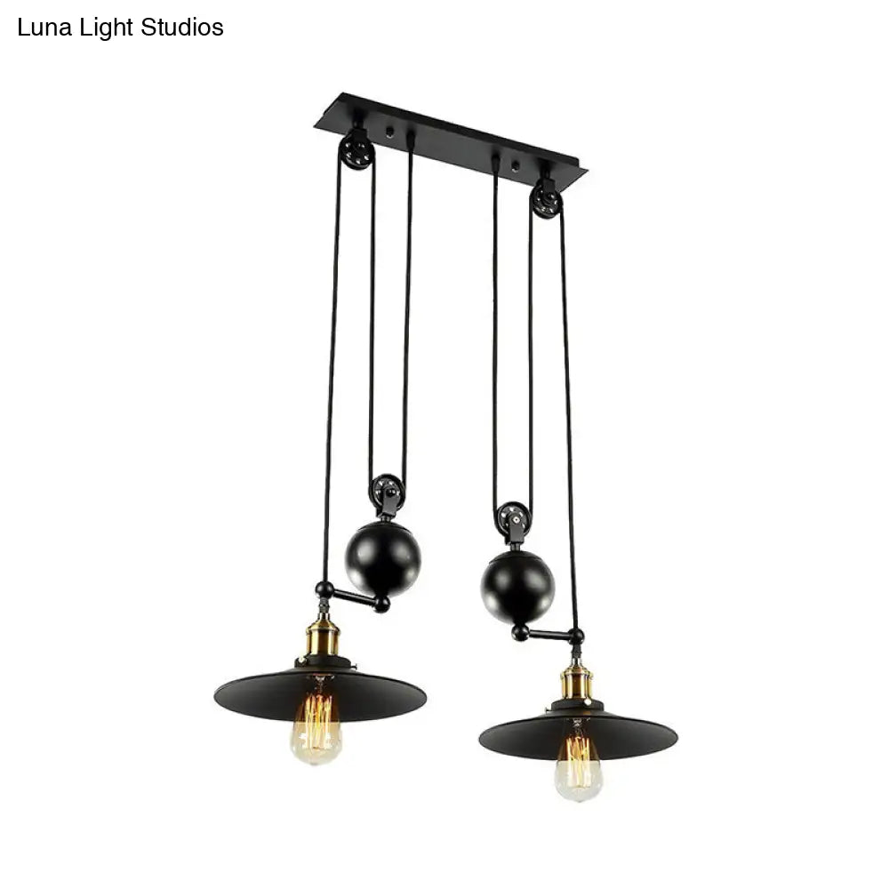Industrial Flared Shade Pendant Lighting With Pulley - 2 Lights Black