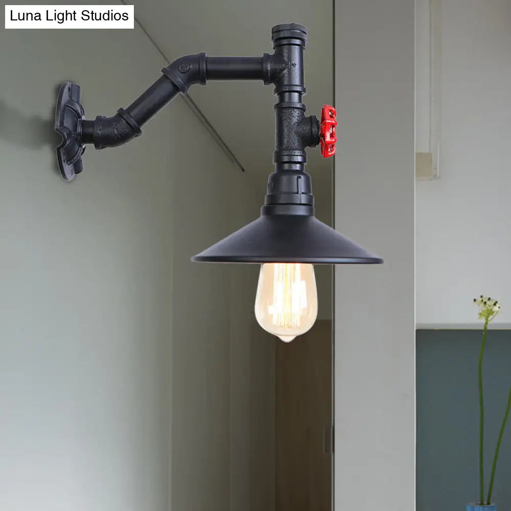 Industrial Flared Wall Lamp Sconce With Plumbing Pipe And Red Valve - Black 1 Bulb