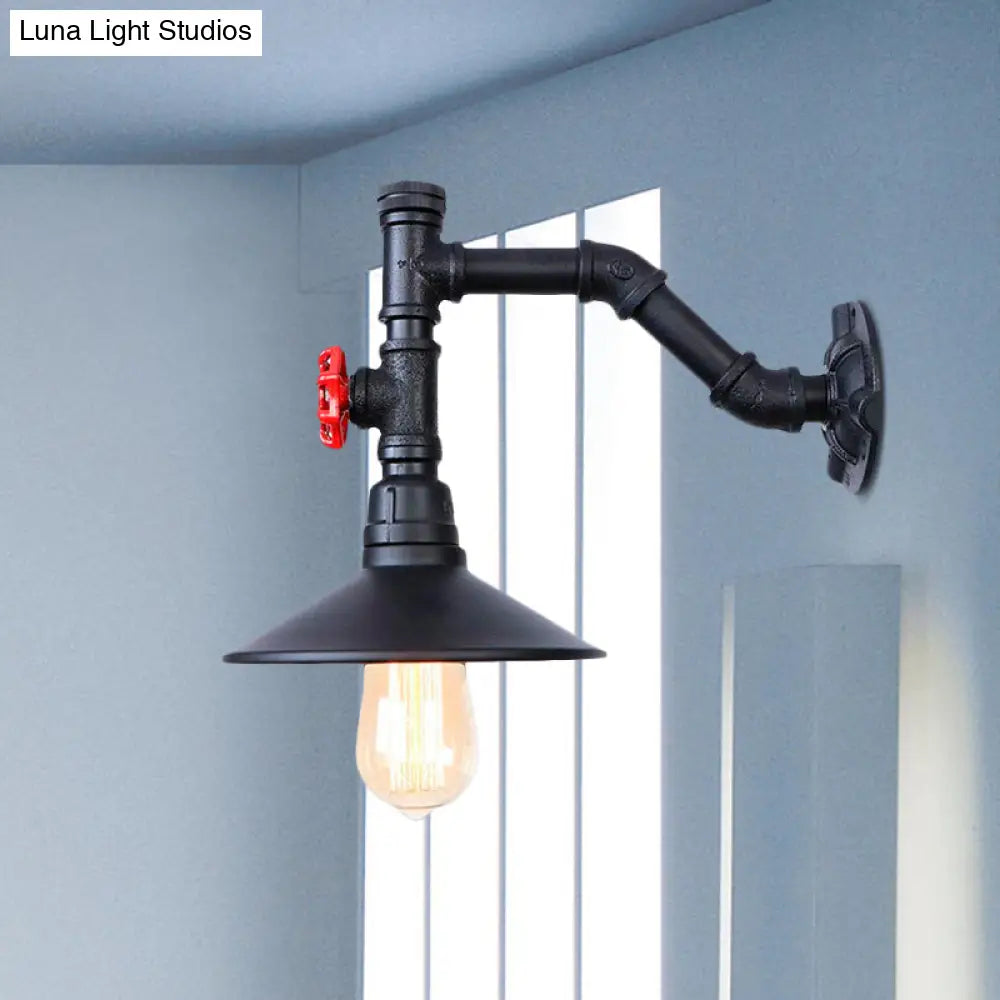 Industrial Flared Wall Lamp Sconce With Plumbing Pipe And Red Valve - Black 1 Bulb