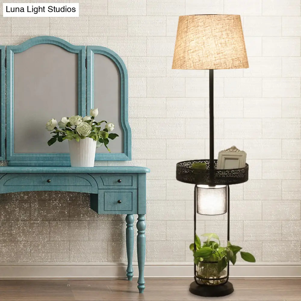 Industrial Flaxen Drum Floor Lamp With Planter Deco -1 Head Living Room Reading Light