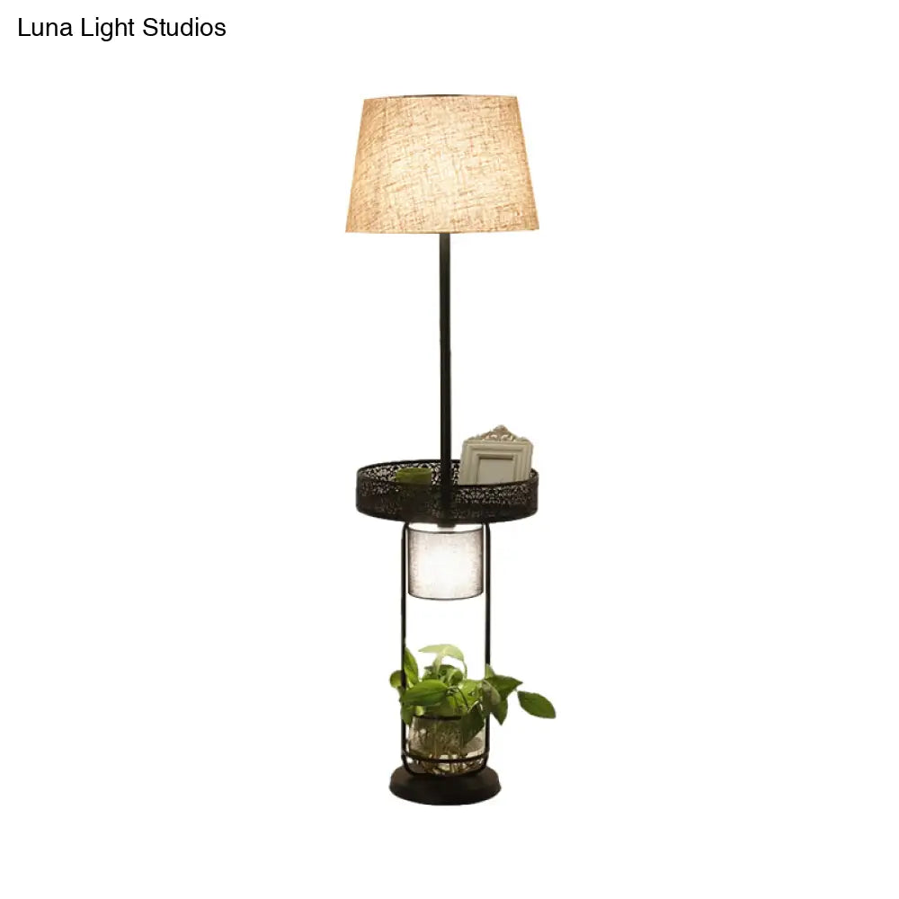 Industrial Flaxen Drum Floor Lamp With Planter Deco -1 Head Living Room Reading Light