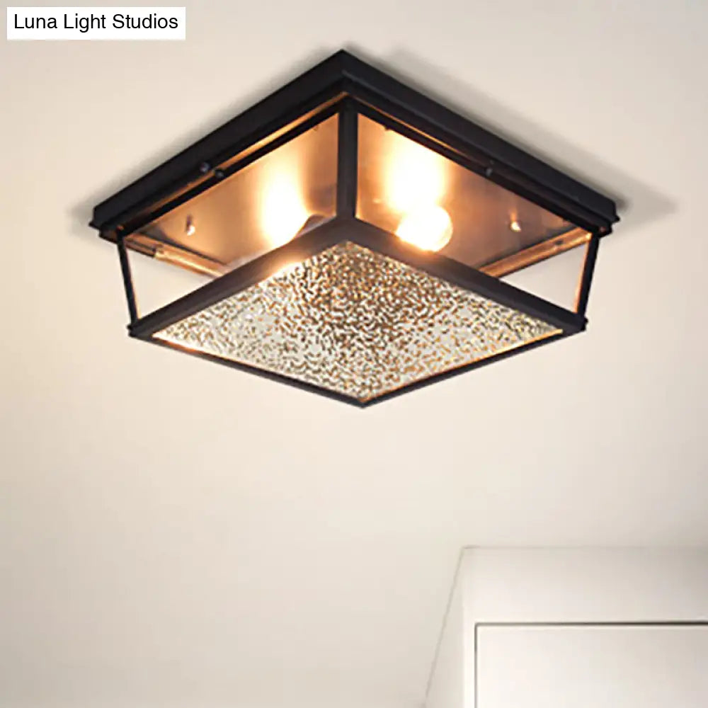 Industrial Flush Ceiling Fixture With Frosted Glass - 2 Lights Black Finish