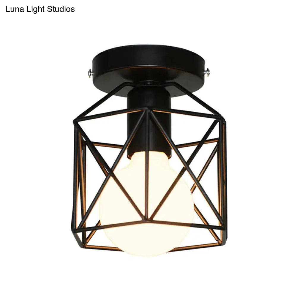 Industrial Flush Mount Ceiling Light With Black Hexagonal Iron Cage - Perfect For Living Room