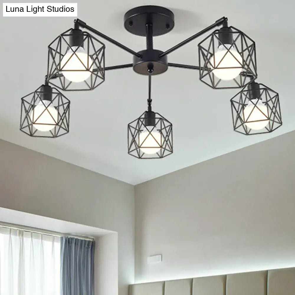 Industrial Flush Mount Ceiling Light With Black Hexagonal Iron Cage - Perfect For Living Room