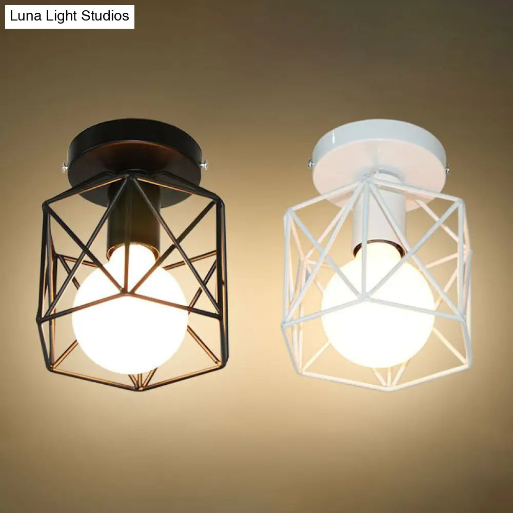 Industrial Flush Mount Ceiling Light With Black Hexagonal Iron Cage - Perfect For Living Room