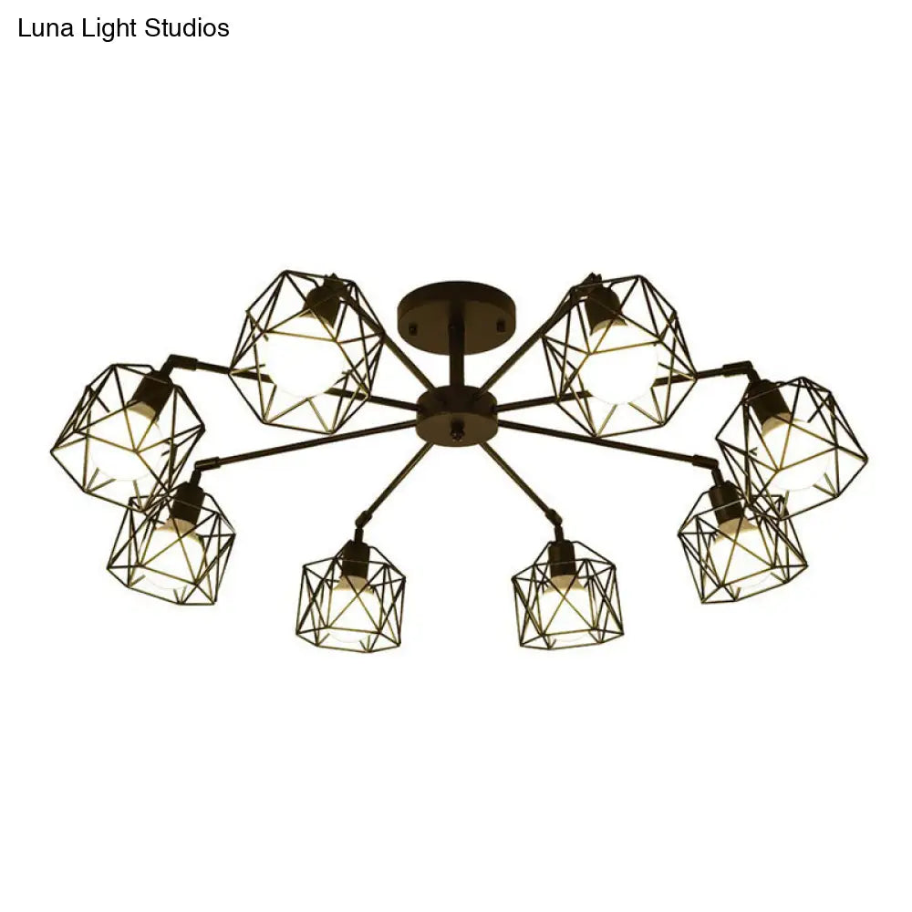 Industrial Flush Mount Ceiling Light With Black Hexagonal Iron Cage - Perfect For Living Room