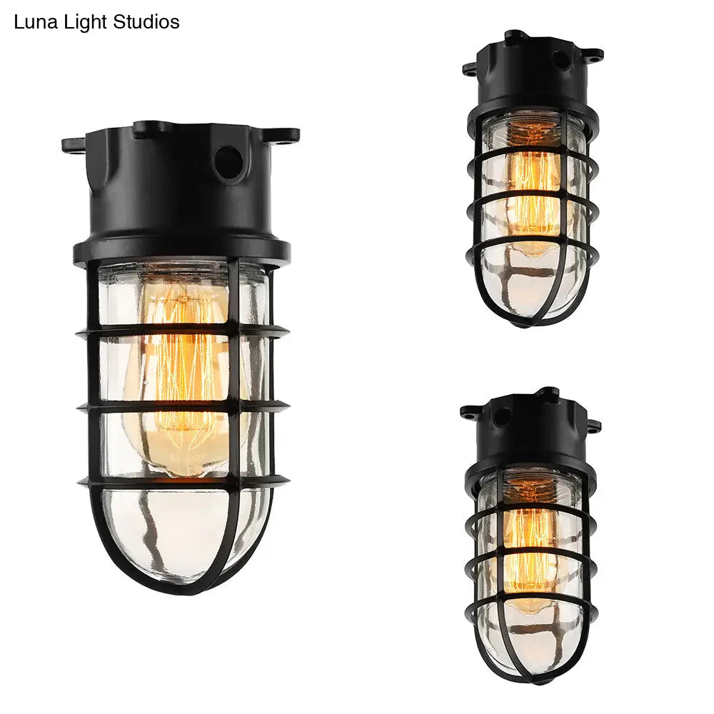 Industrial Flush Mount Ceiling Light With Clear Glass Cylinder Shade In Black/White/Pink - 1