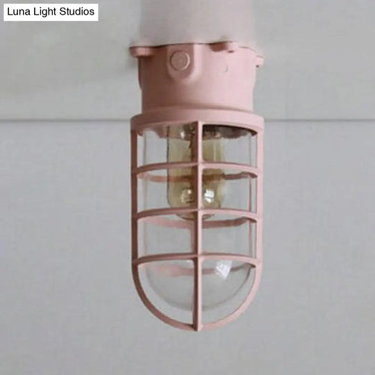 Industrial Flush Mount Ceiling Light With Clear Glass Cylinder Shade In Black/White/Pink - 1 Pink
