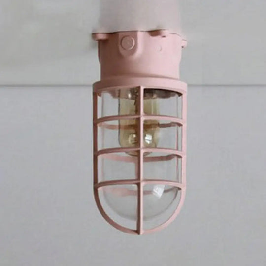 Industrial Flush Mount Ceiling Light With Clear Glass Cylinder Shade In Black/White/Pink - 1 Pink