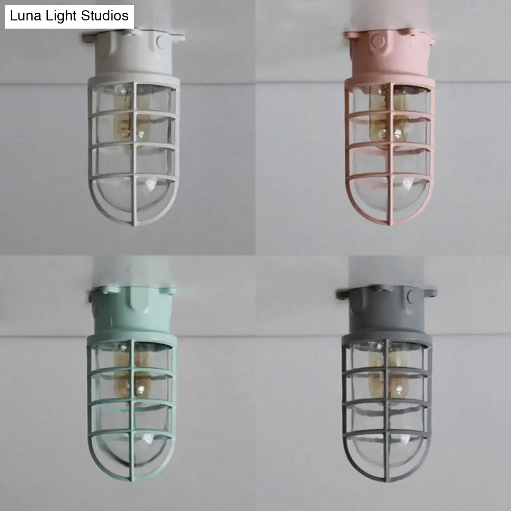 Industrial Flush Mount Ceiling Light With Clear Glass Cylinder Shade In Black/White/Pink - 1
