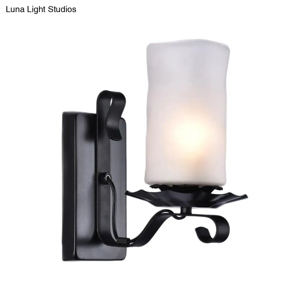 Industrial Frosted Glass Cylinder Bathroom Sconce Light Fixture - Black Wall Lamp