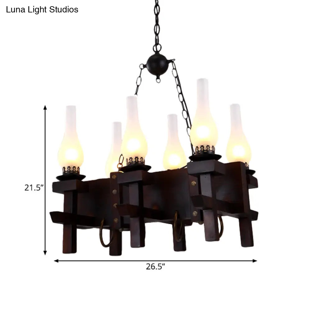 Black Industrial Pendant Light With Frosted Glass - 6 Heads Wood Linear Beam