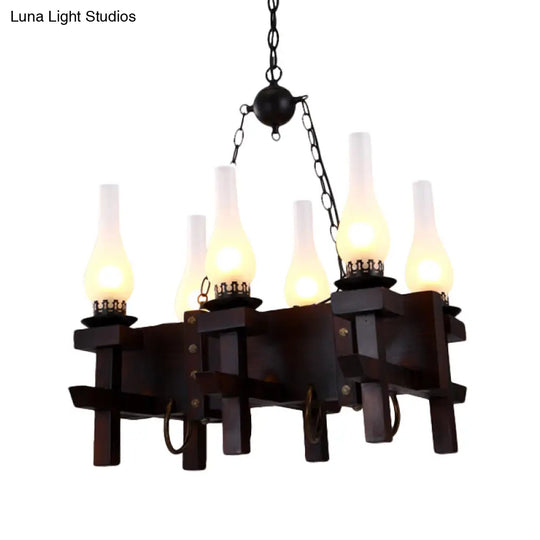 Black Industrial Pendant Light With Frosted Glass - 6 Heads Wood Linear Beam