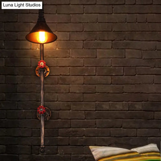 Industrial Funnel Iron Wall Light With Decorative Water Valve - Rustic Single Mount Fixture