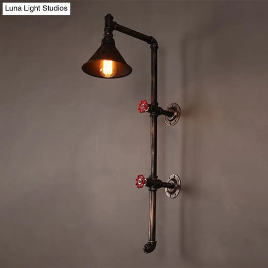 Industrial Funnel Iron Wall Light With Decorative Water Valve - Rustic Single Mount Fixture