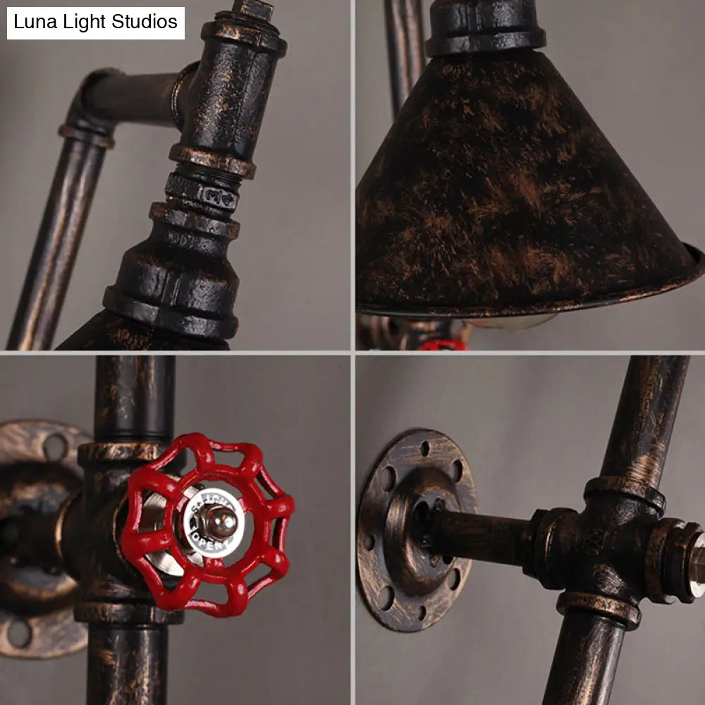 Industrial Funnel Iron Wall Light With Decorative Water Valve - Rustic Single Mount Fixture