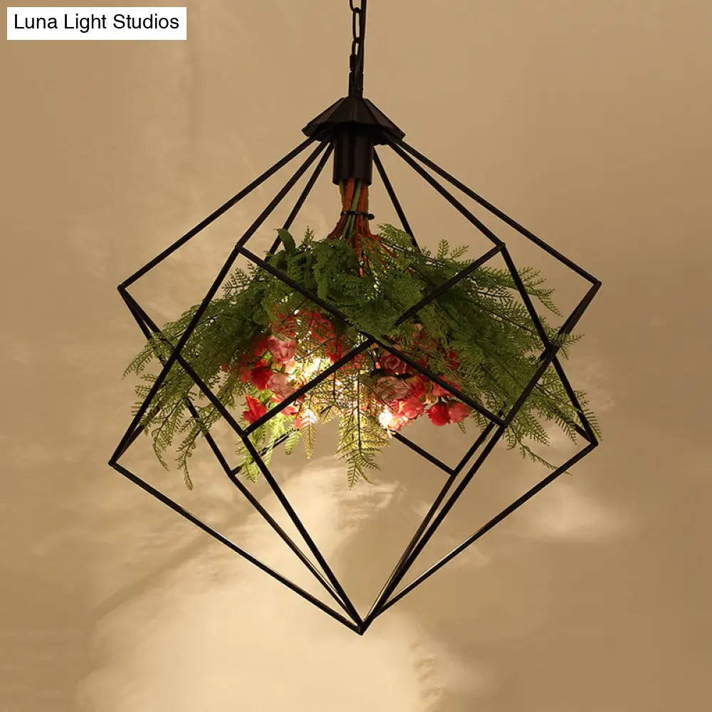 Industrial Geometric Plant Hanging Light - Metal Led Ceiling Suspension Lamp (1 Bulb) In Black