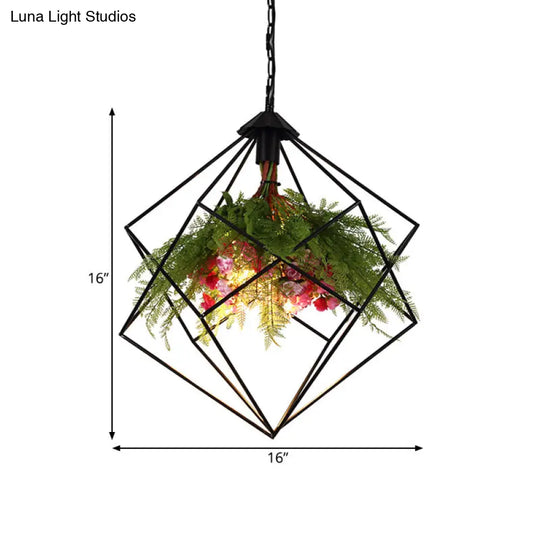 Industrial Geometric Plant Hanging Light - Metal Led Ceiling Suspension Lamp (1 Bulb) In Black