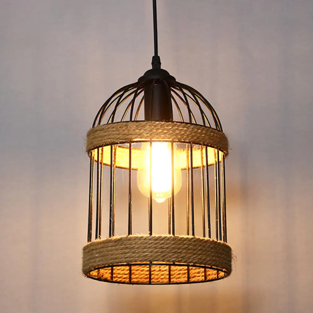 Industrial Geometric Hemp Rope Hanging Pendant Light - Single Ceiling In Black / Birdcage