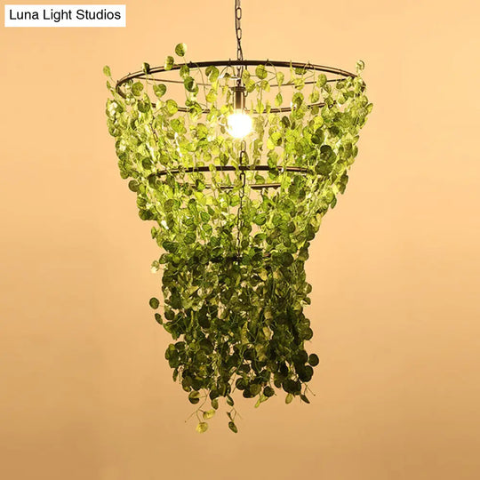 Industrial Metal Pendant Light With Led Bulb And Plant Decor In Black