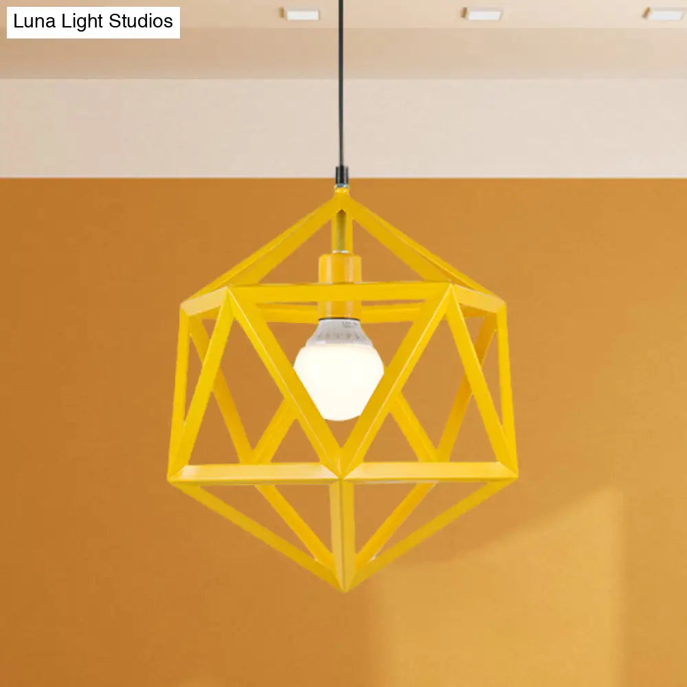 Geometric Metal Pendant Light: Industrial Single Hanging Lamp In Blue/White/Yellow - Perfect For