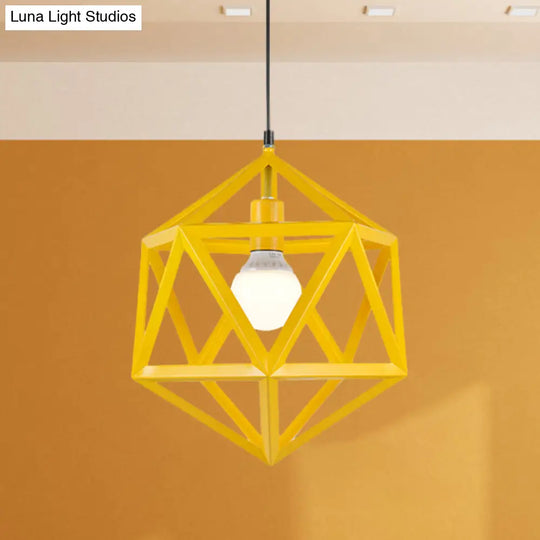 Geometric Metal Pendant Light: Industrial Single Hanging Lamp In Blue/White/Yellow - Perfect For