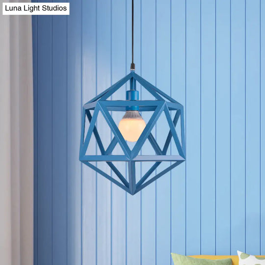 Geometric Metal Pendant Light: Industrial Single Hanging Lamp In Blue/White/Yellow - Perfect For