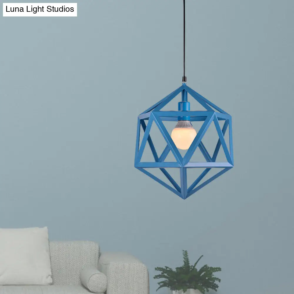 Geometric Metal Pendant Light: Industrial Single Hanging Lamp In Blue/White/Yellow - Perfect For