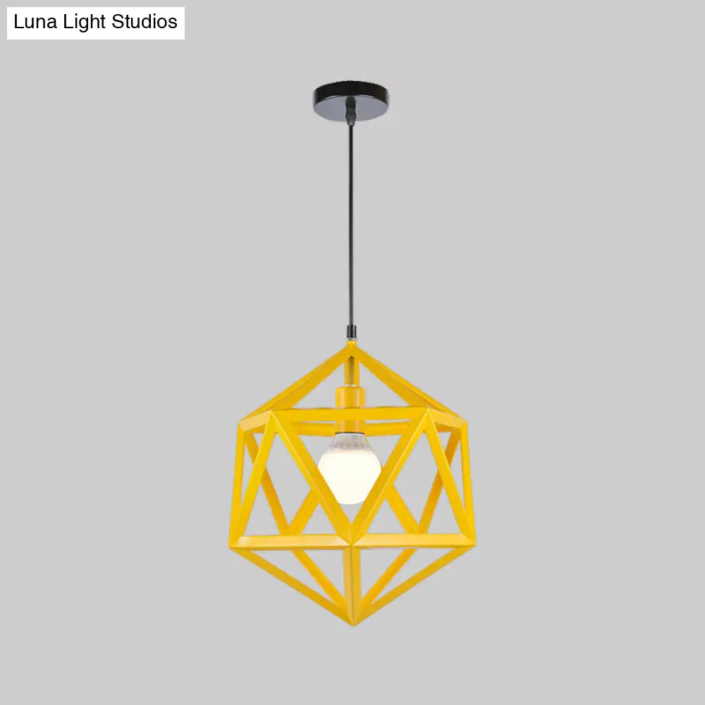 Geometric Metal Pendant Light: Industrial Single Hanging Lamp In Blue/White/Yellow - Perfect For