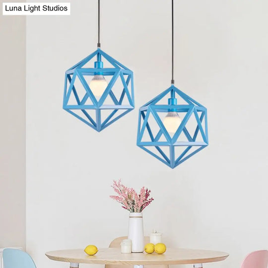 Geometric Metal Pendant Light: Industrial Single Hanging Lamp In Blue/White/Yellow - Perfect For