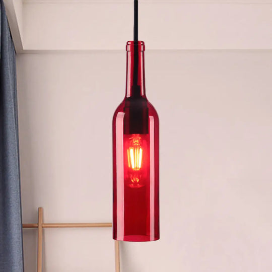 Industrial Glass 1-Head Hanging Lamp With Red/Yellow Bottle Shade For Dining Room Red