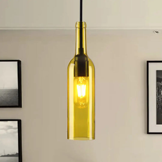 Industrial Glass 1-Head Hanging Lamp With Red/Yellow Bottle Shade For Dining Room Yellow