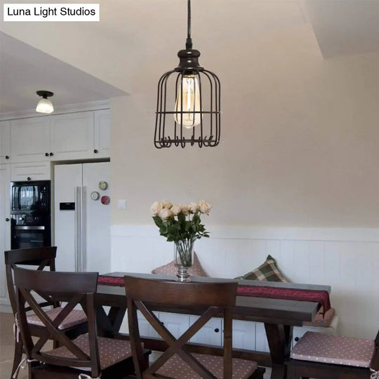 Industrial Glass Single Light Pendant Ceiling With Cage - Black Cylinder Design For Dining Room