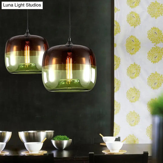 Industrial Green/Blue And Brown Glass Hanging Pendant Light - Drum Dining Table Suspension Lamp With