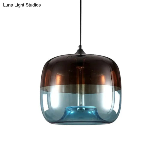 Industrial Glass Pendant Light In Green/Blue And Brown With Drum Dining Table Suspension