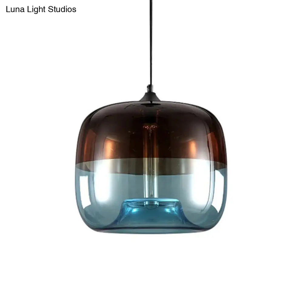 Industrial Green/Blue And Brown Glass Hanging Pendant Light - Drum Dining Table Suspension Lamp With