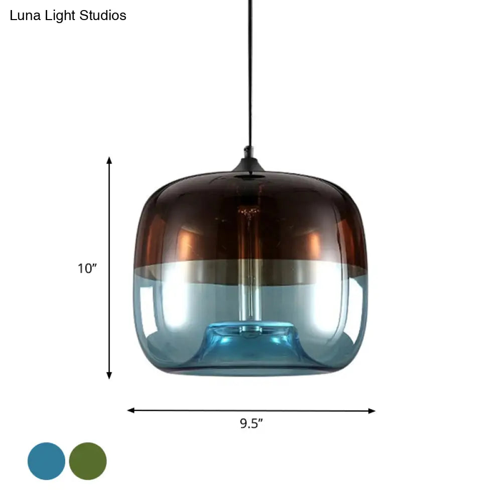 Industrial Glass Pendant Light In Green/Blue And Brown With Drum Dining Table Suspension